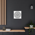 Handmade Mandala Art featuring intricate black and white design on matte canvas, stretched to 125 inches for striking wall display