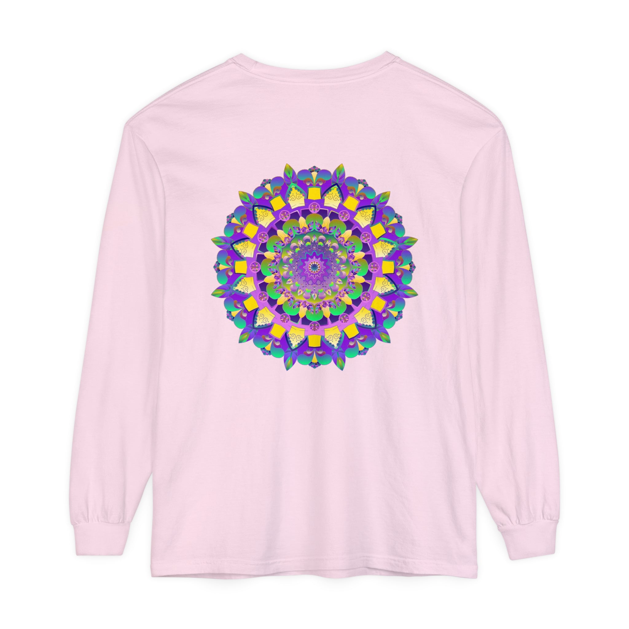 Colorful and intricate mandala design on a unisex long sleeve t-shirt