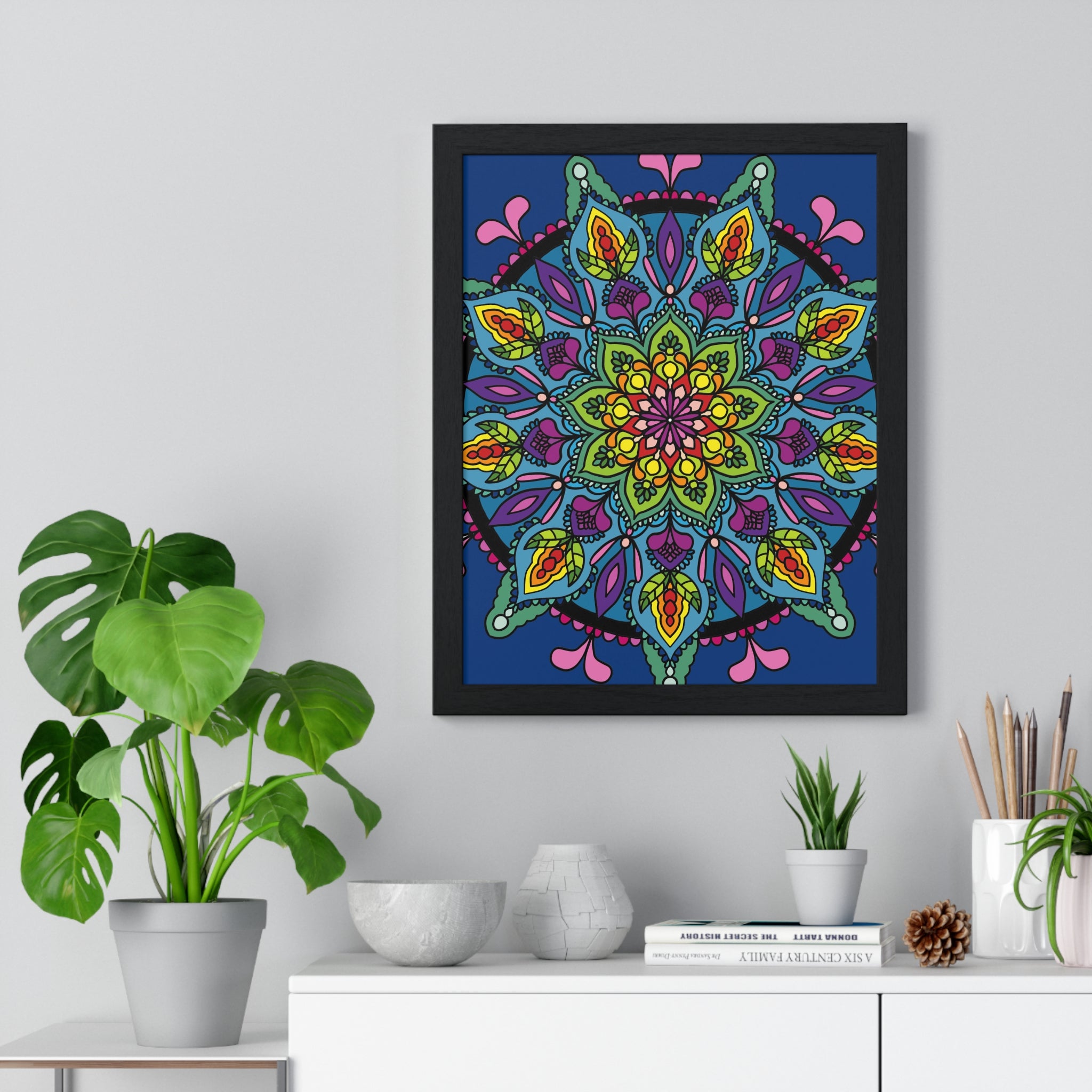 Vertical framed poster featuring a hand-drawn blue mandala art, perfect for mindfulness and yoga practice