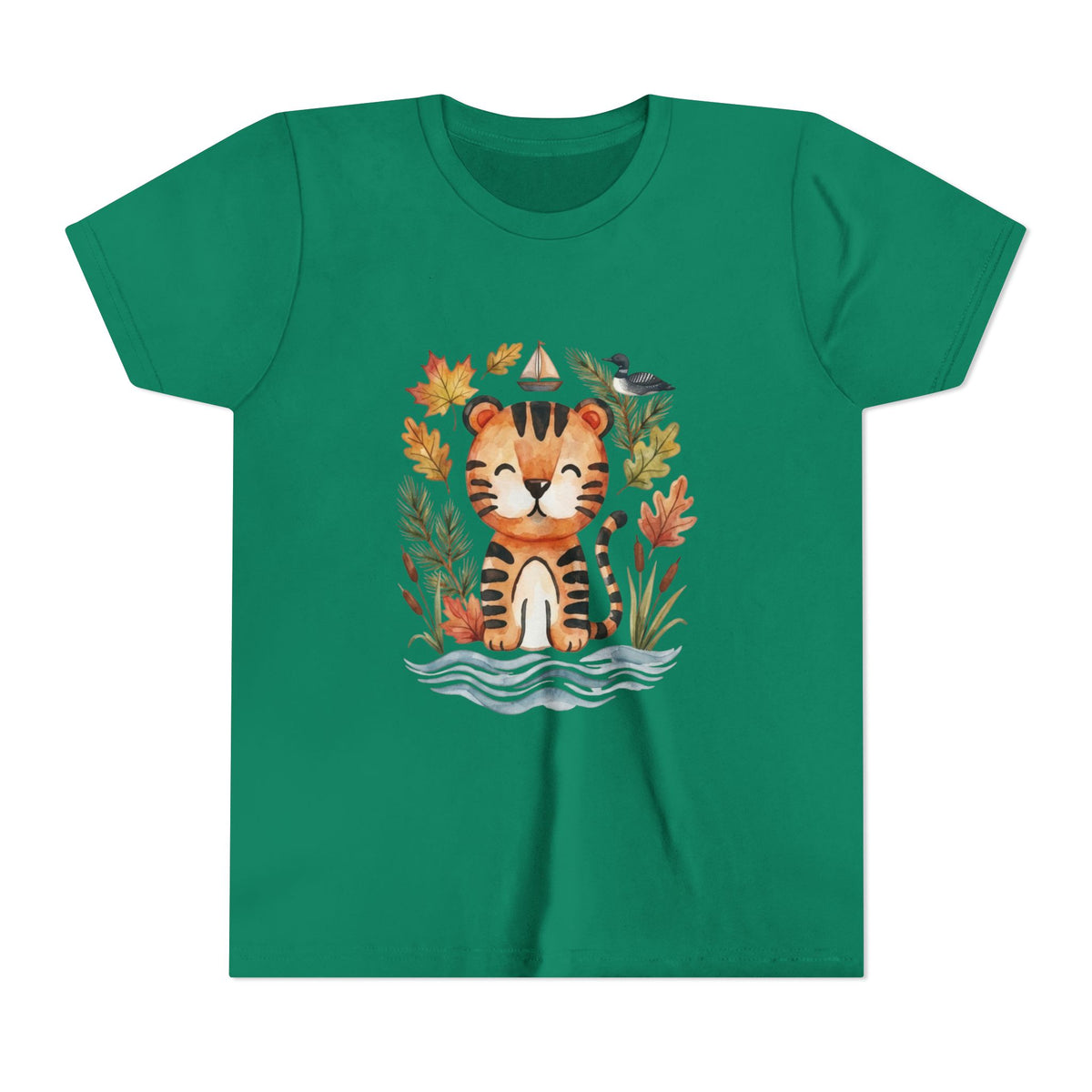 Kids Tiger Lake Ontario Tee — Watercolor Autumn Sailboat & Leaves Youth Short Sleeve Tee