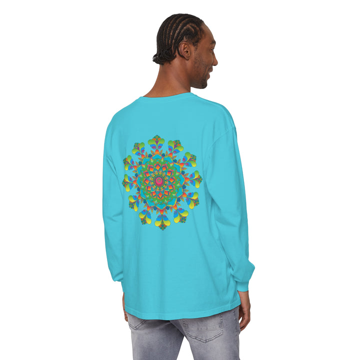 Colorful tie dye long sleeve t-shirt with a psychedelic mandala design