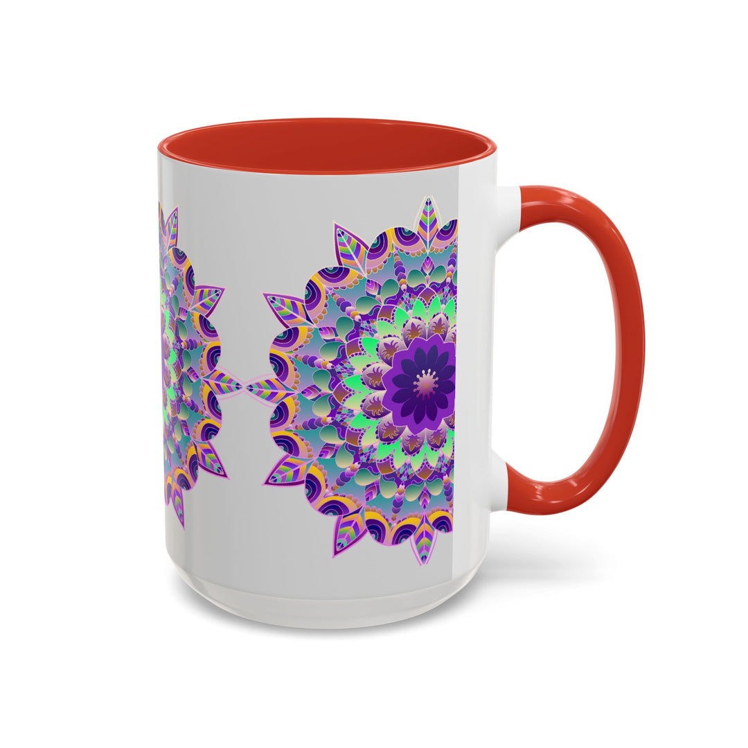 Vibrant mandala art mug in light grey with intricate design and colorful details