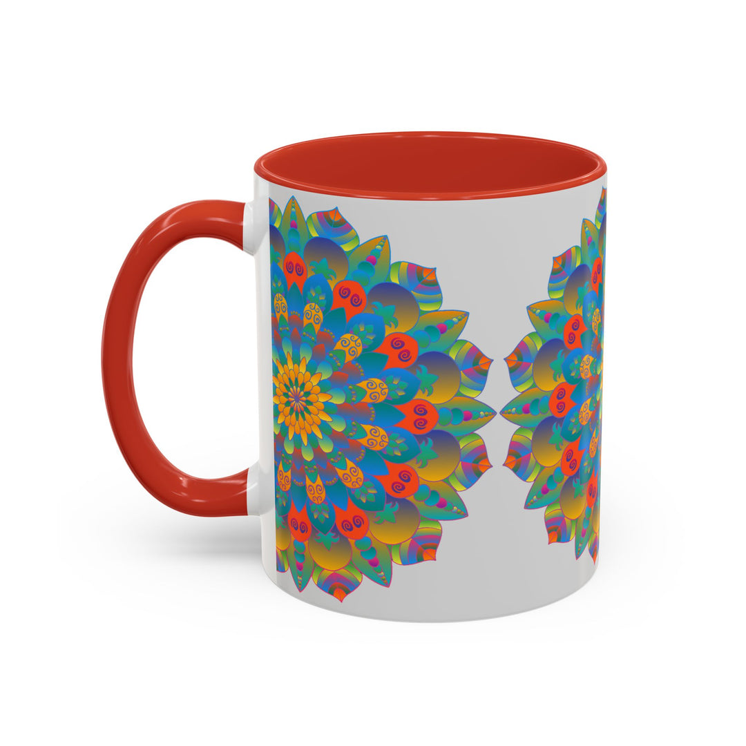 Vibrant yellow, orange, and blue mandala art mug, perfect for adding a pop of color to your morning routine