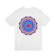 A vibrant and colorful Mandala Peace & Harmony T-Shirt featuring spiritual art and symbols of tranquility and balance