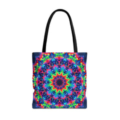 Colorful and intricate psychedelic mandala design tote bag, perfect for carrying all your essentials in style and making a bold fashion statement