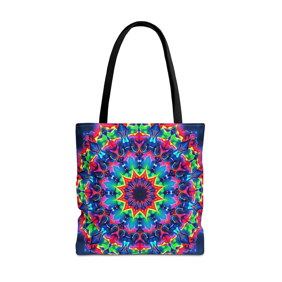Colorful and intricate psychedelic mandala design tote bag, perfect for carrying all your essentials in style and making a bold fashion statement