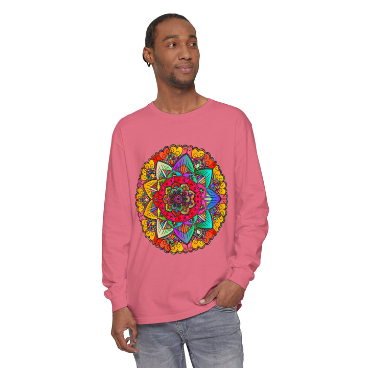 Vibrant Mandala Unisex Long Sleeve T-Shirt featuring a colorful and intricate mandala design