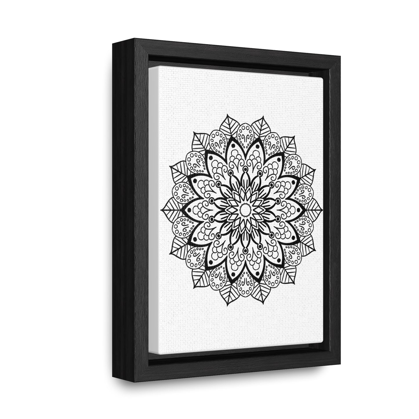 Handmade black and white mandala art on gallery canvas wraps, displayed in a vertical frame for wall decor