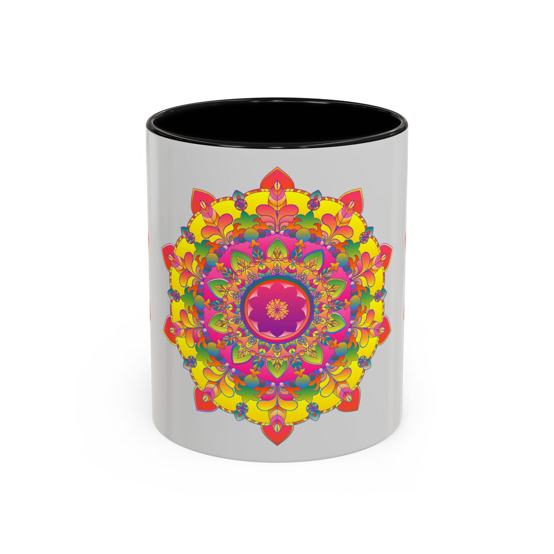 Close-up of Mandala Mug - Vibrant Art on Grey showing the detailed and colorful mandala design