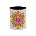 Close-up of Mandala Mug - Vibrant Art on Grey showing the detailed and colorful mandala design