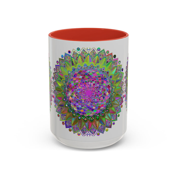 Colorful and intricate psychedelic mandala design mug with vibrant art on a grey background