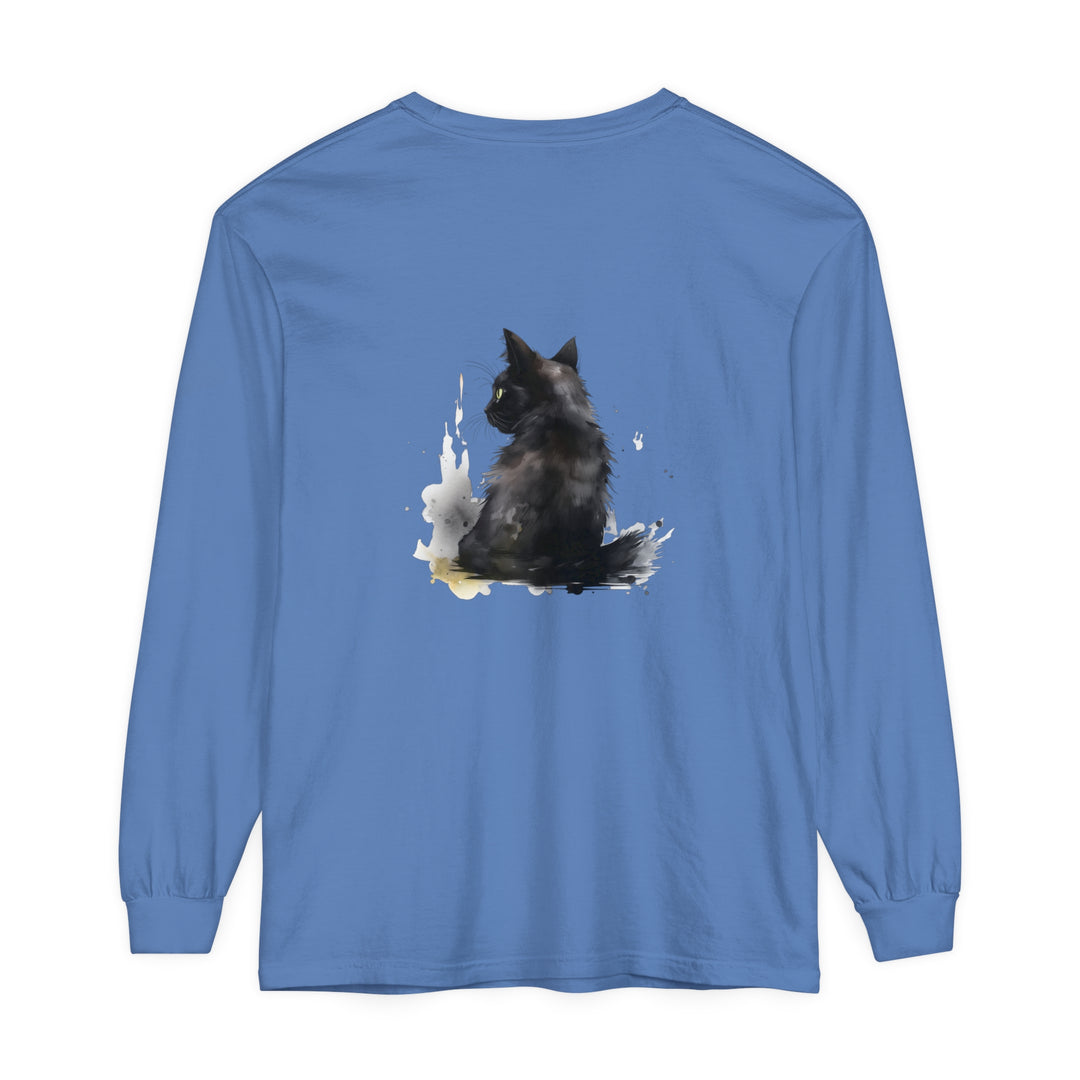 Black Cat Watercolor Dream long sleeve t-shirt with vibrant watercolor design