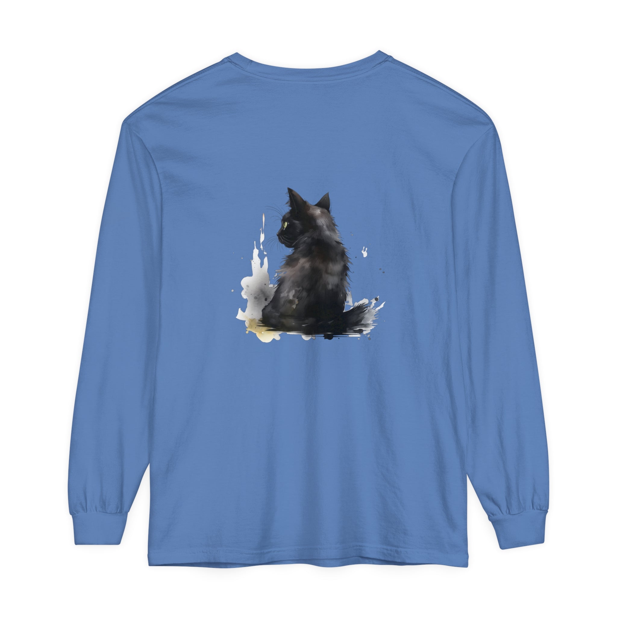 Black Cat Watercolor Dream long sleeve t-shirt with vibrant watercolor design