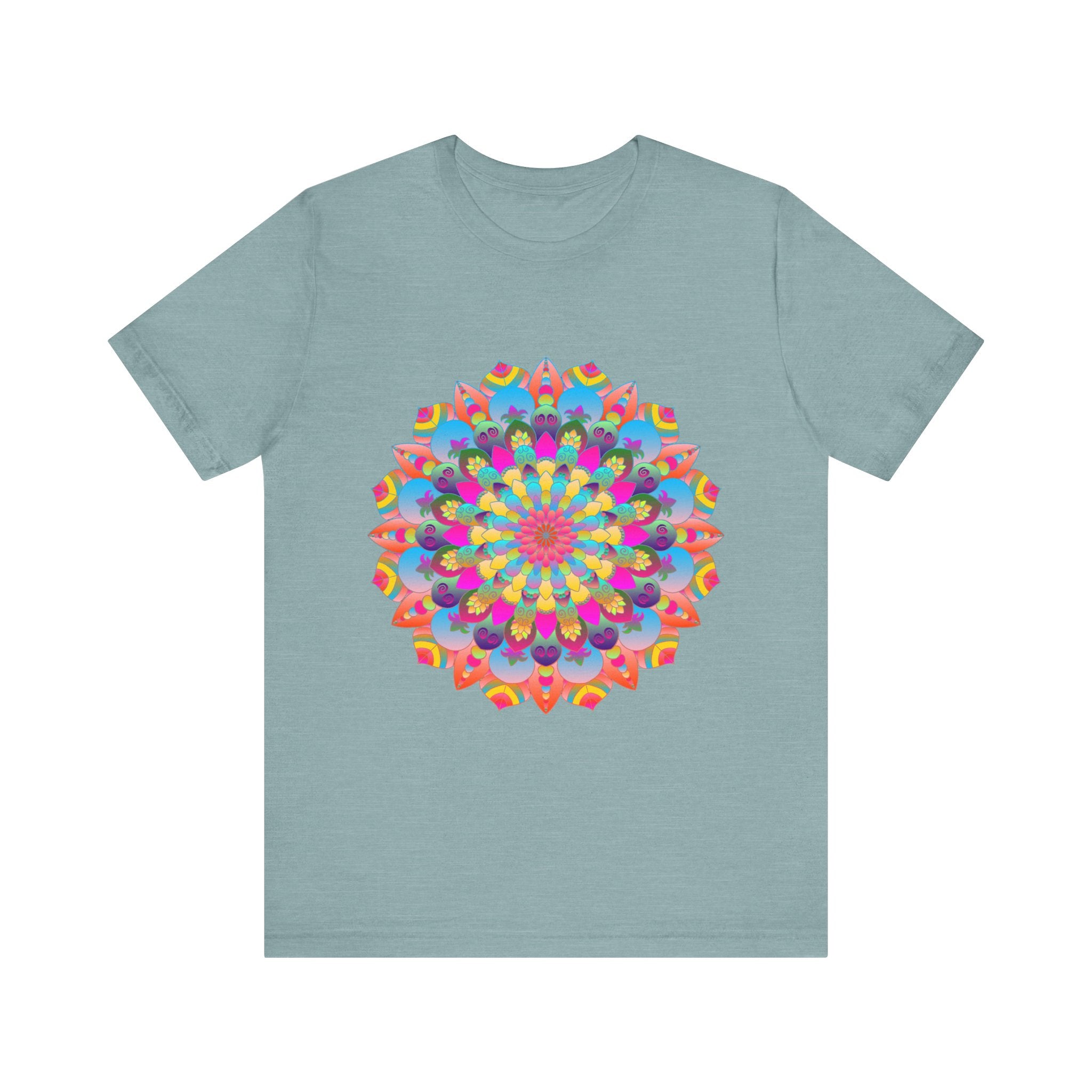 Vibrant and intricate mandala flower design t-shirt with psychedelic art elements