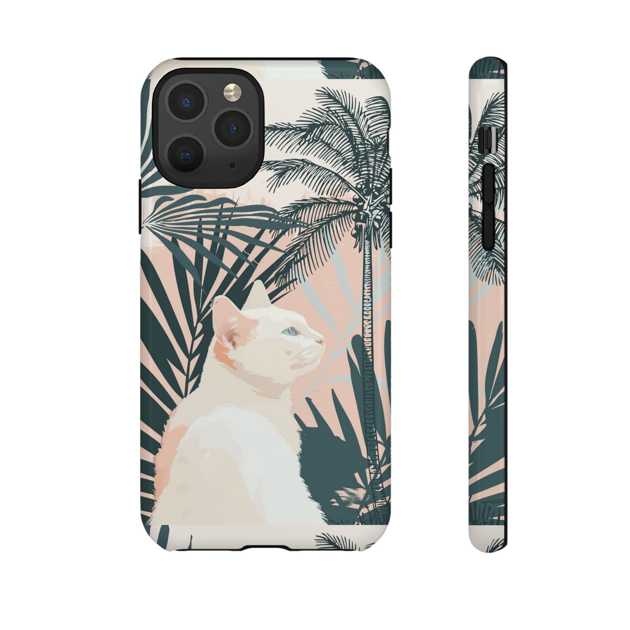 Custodia per telefono con gatto tropicale, motivi di palme lussureggianti e tenui colori pastello