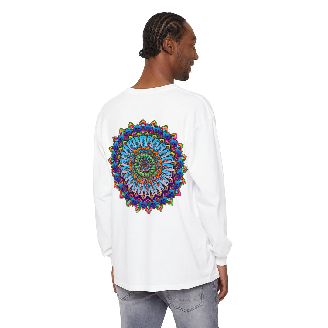 Colorful and detailed mandala design on a unisex long sleeve t-shirt