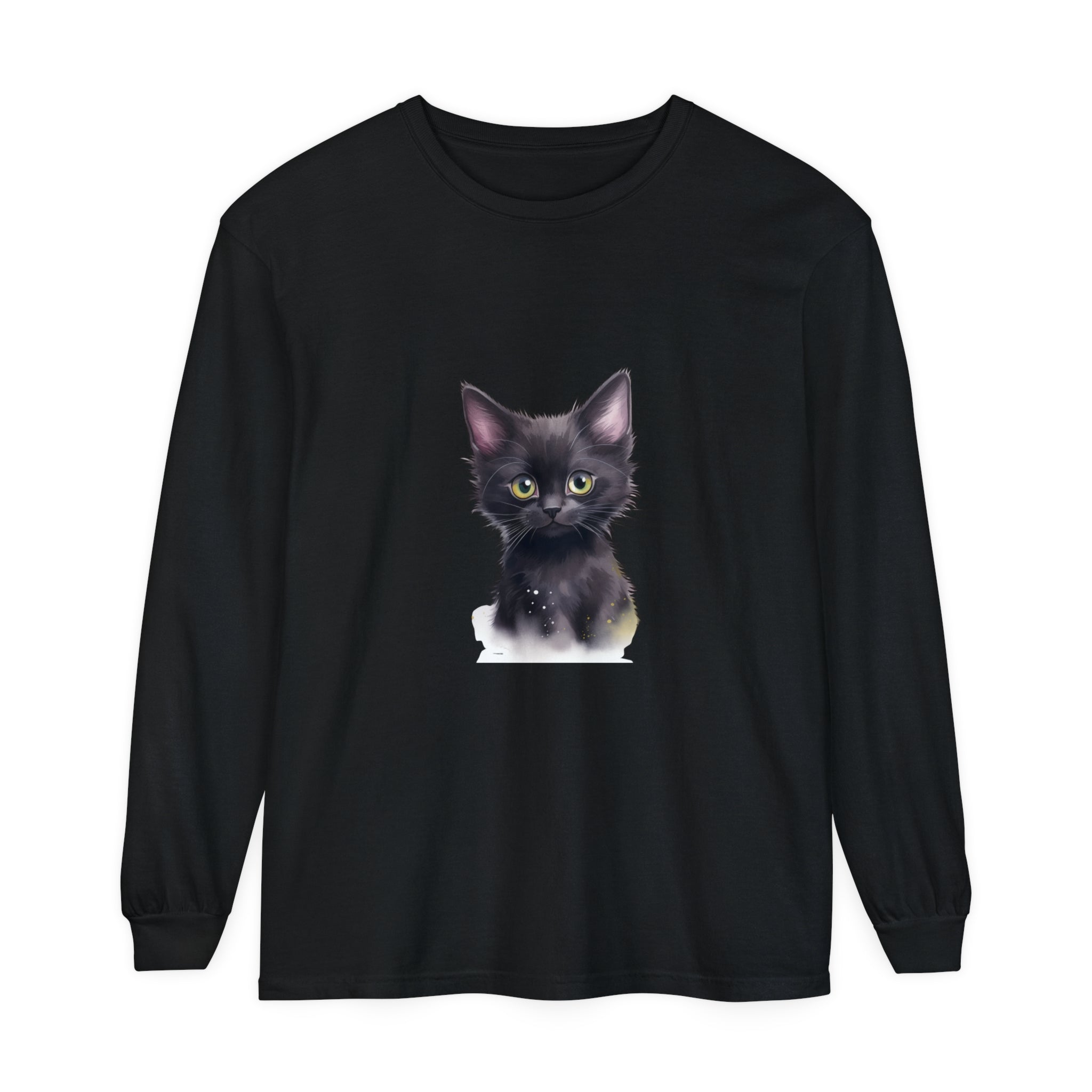 A playful and adorable black kitten with bright green eyes printed on a comfortable t-shirt, perfect for any feline lover