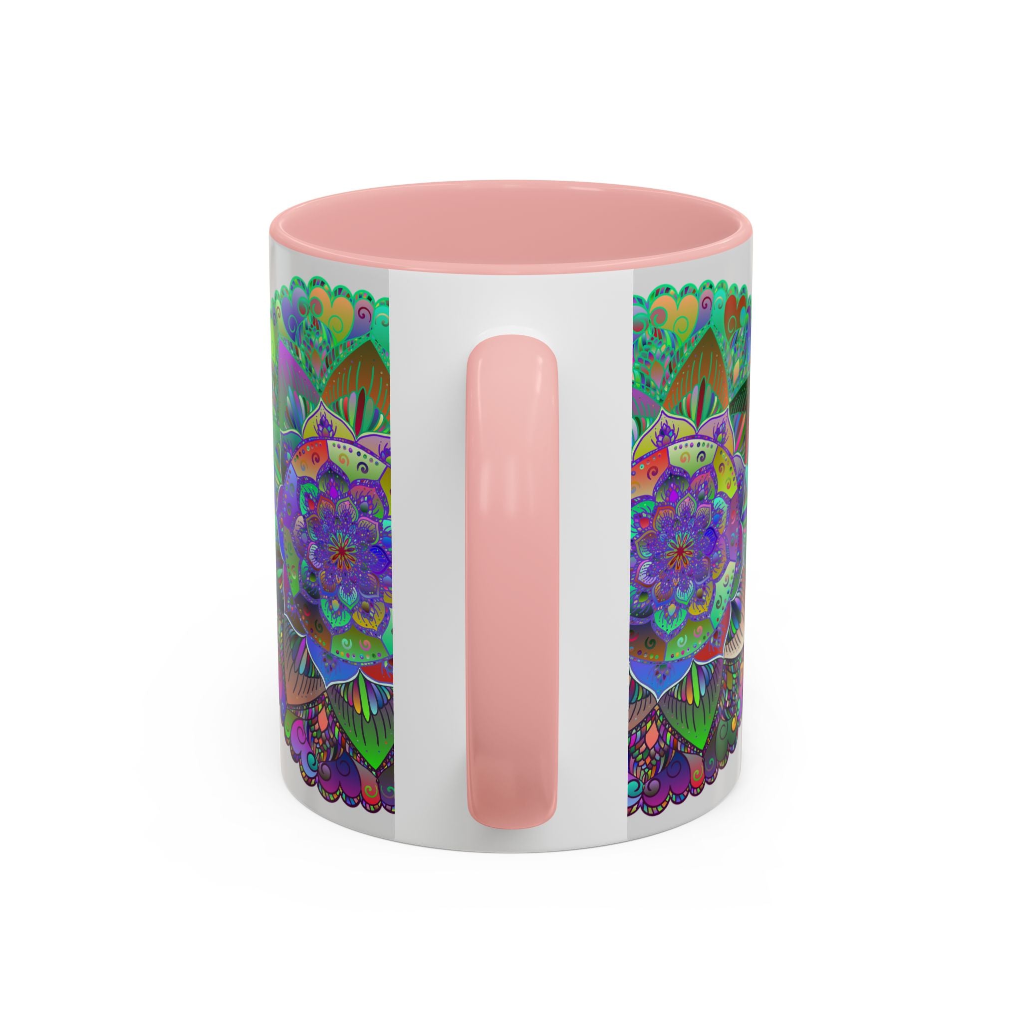 Beautifully handcrafted ceramic mug featuring a vibrant and intricately designed mandala art pattern in an array of bright and bold colors