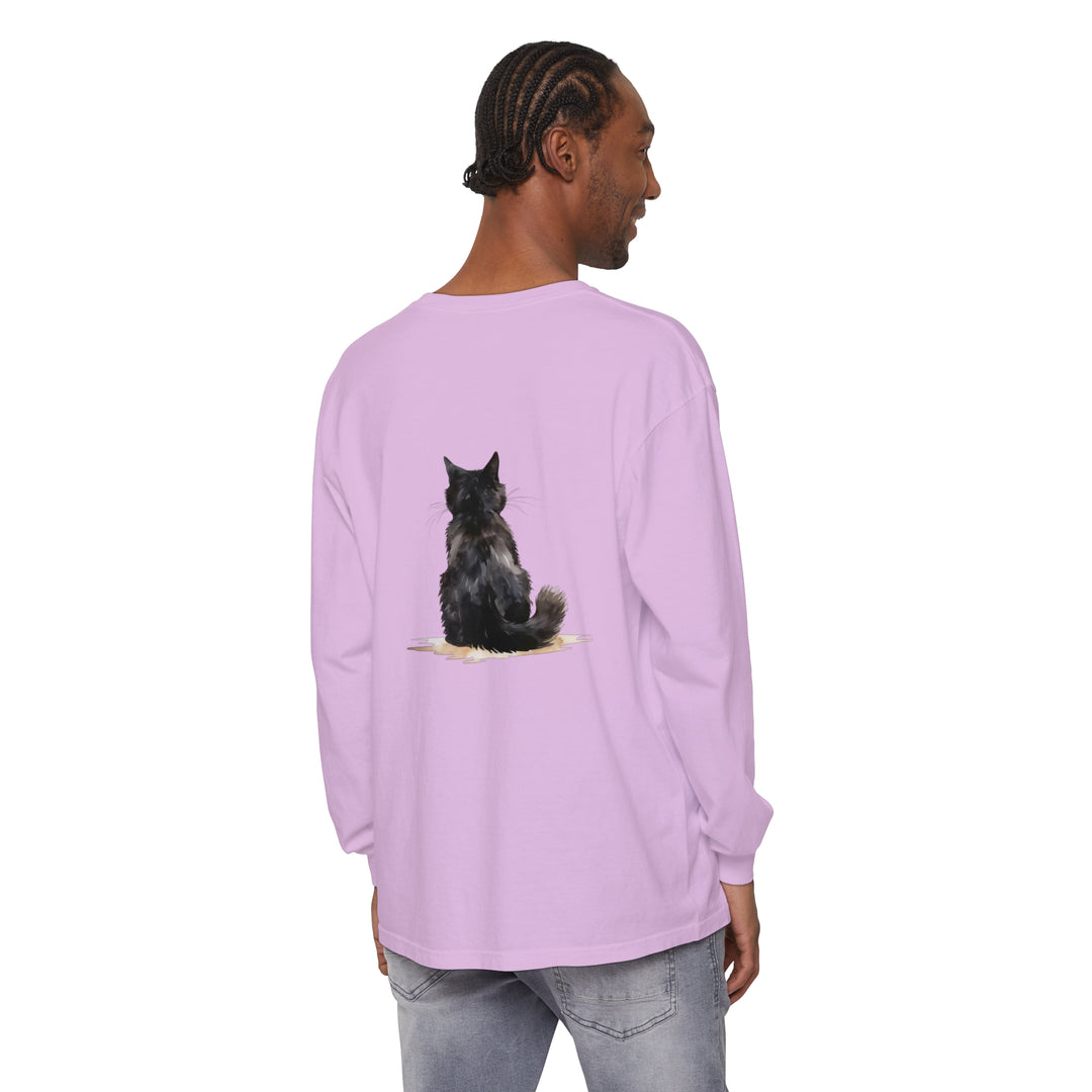 Black Cat Watercolor Unisex Long Sleeve T-Shirt featuring a vibrant watercolor design of a black cat on a comfortable, long-sleeve shirt