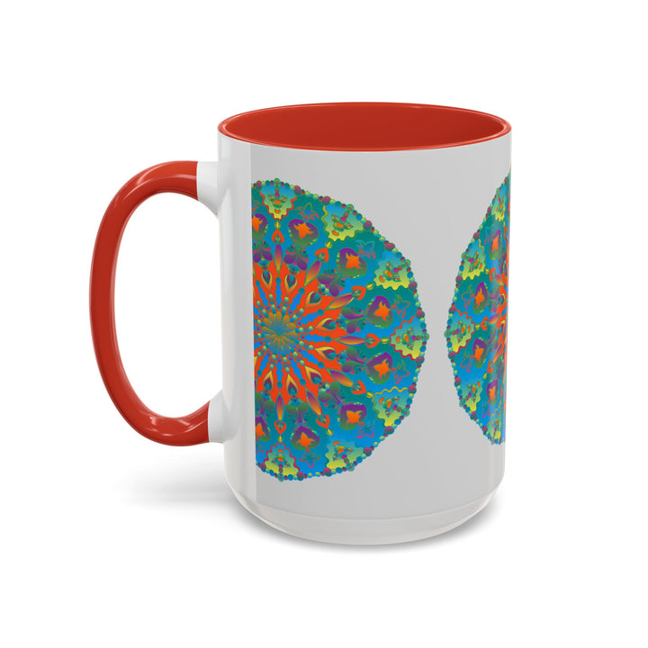 Beautiful handcrafted ceramic mug with intricate blue and green mandala art design