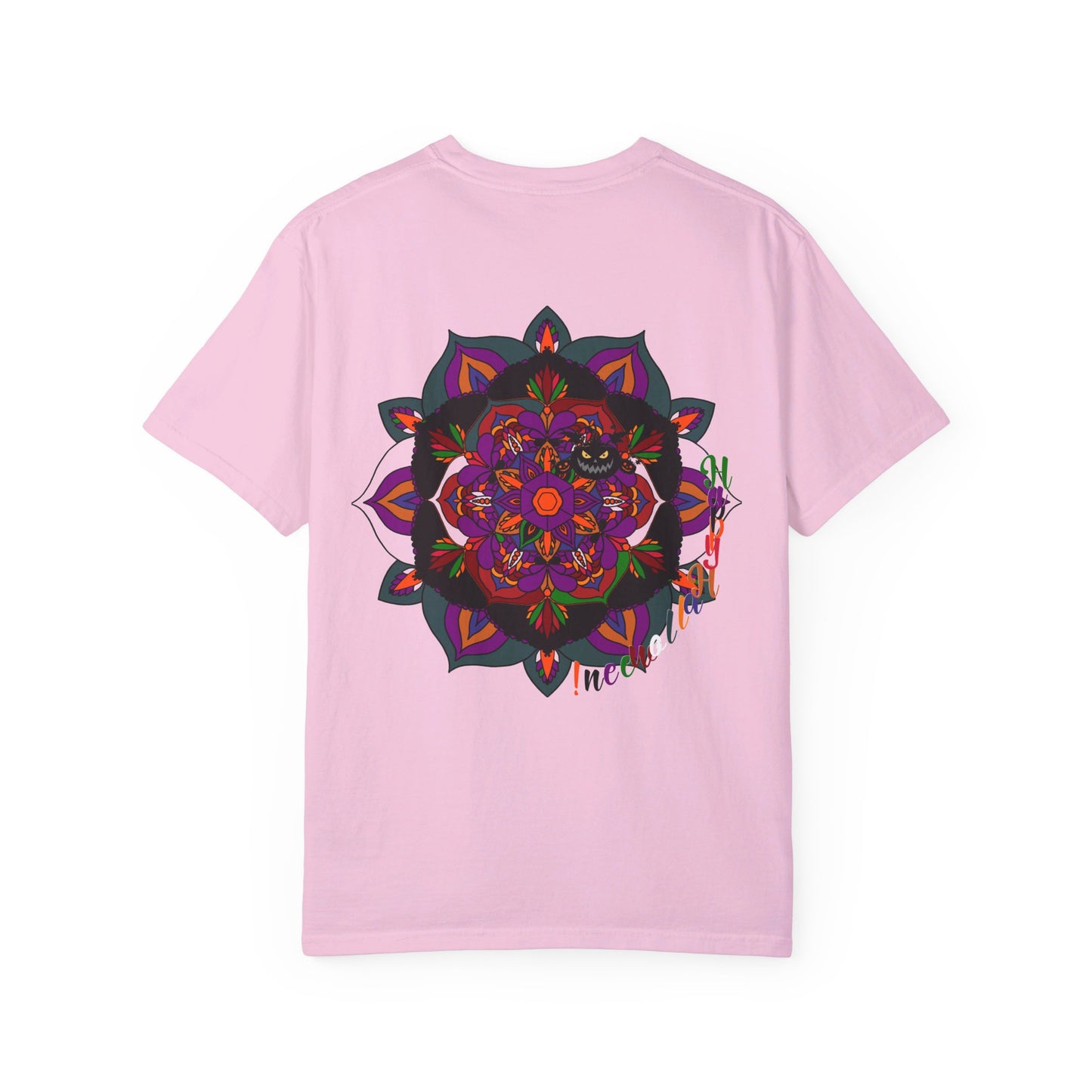 Unisex garment-dyed tee featuring handmade pumpkin mandala art for Halloween