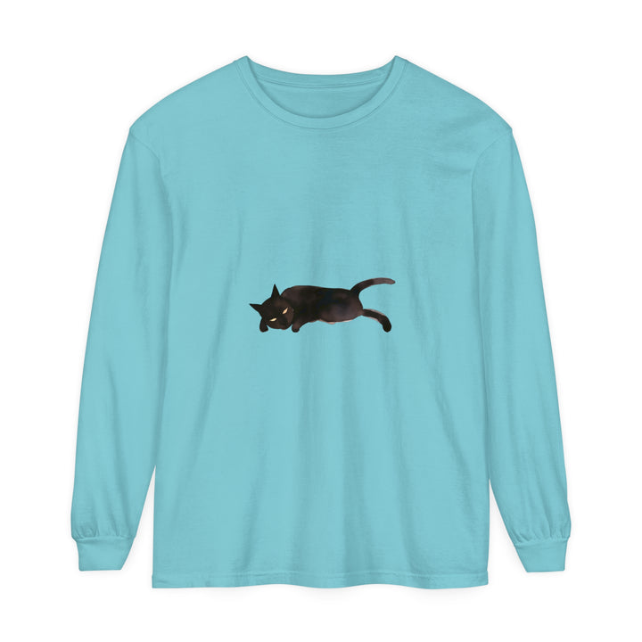 Black cat with closed eyes sleeping on a unisex long sleeve t-shirt