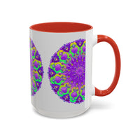 Large purple mandala mug with intricate vibrant art on a grey background