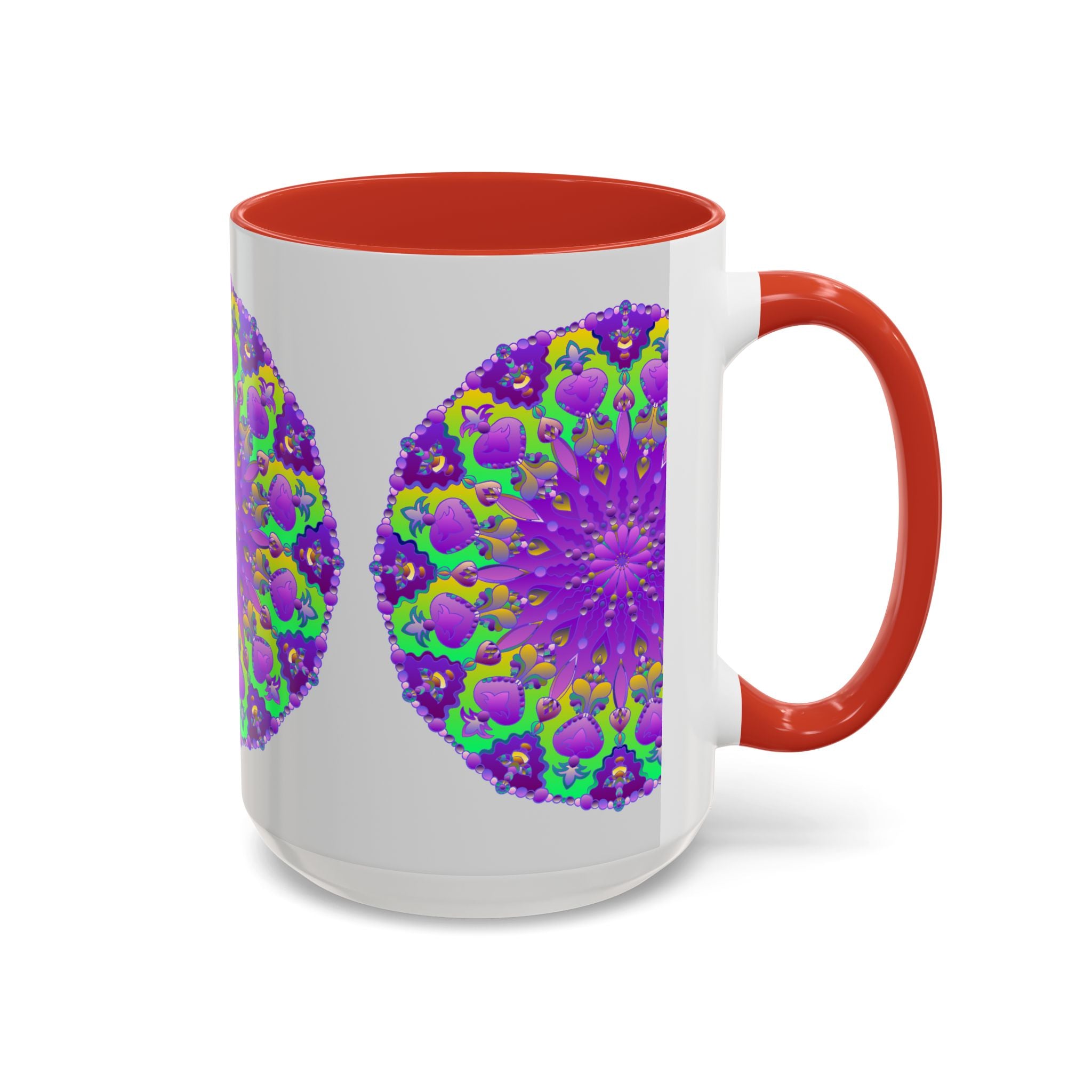 Large purple mandala mug with intricate vibrant art on a grey background