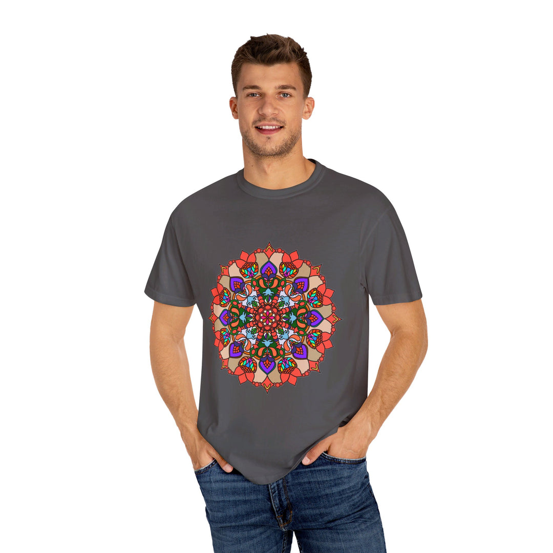 Unisex Mandala T-Shirt crafted from 100% ring-spun cotton, featuring hand-drawn mandala art and garment-dyed for extra comfort