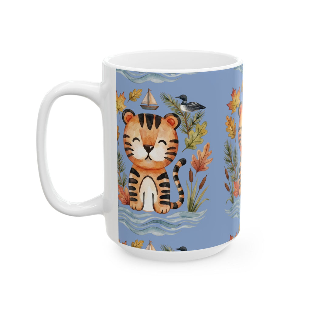 Tiger & Autumn Leaves Ceramic Mug — Cute Watercolor Tiger Coffee Cup (11oz, 15oz)