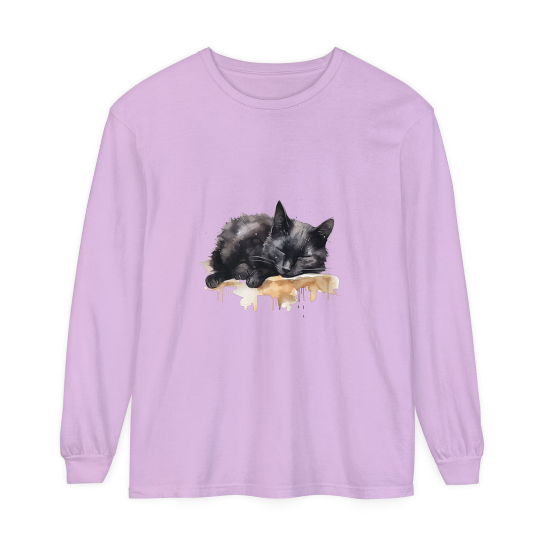 A beautiful watercolor illustration of a sleeping black cat on a t-shirt