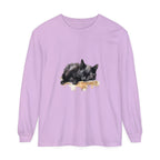 A beautiful watercolor illustration of a sleeping black cat on a t-shirt