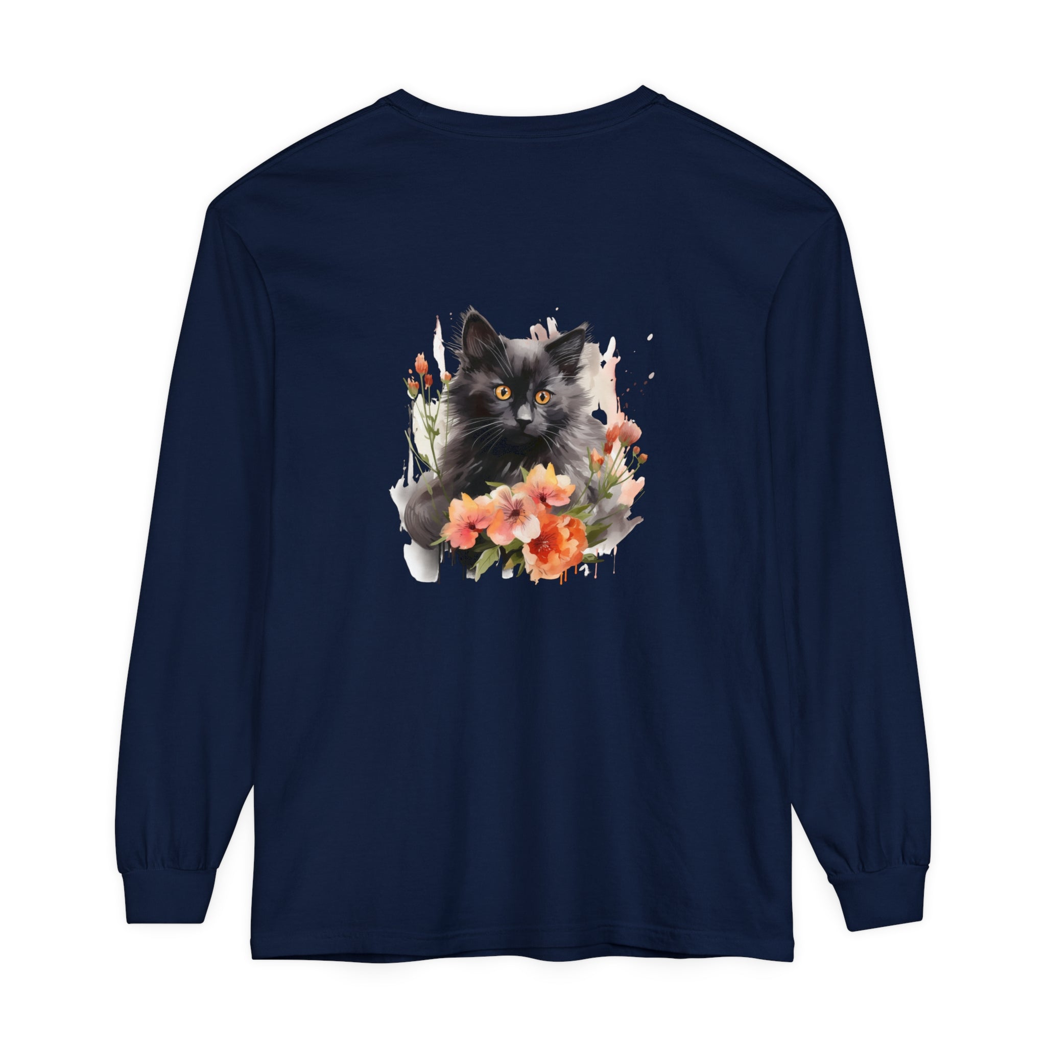 Beautiful watercolor t-shirt featuring a black cat surrounded by vibrant flowers