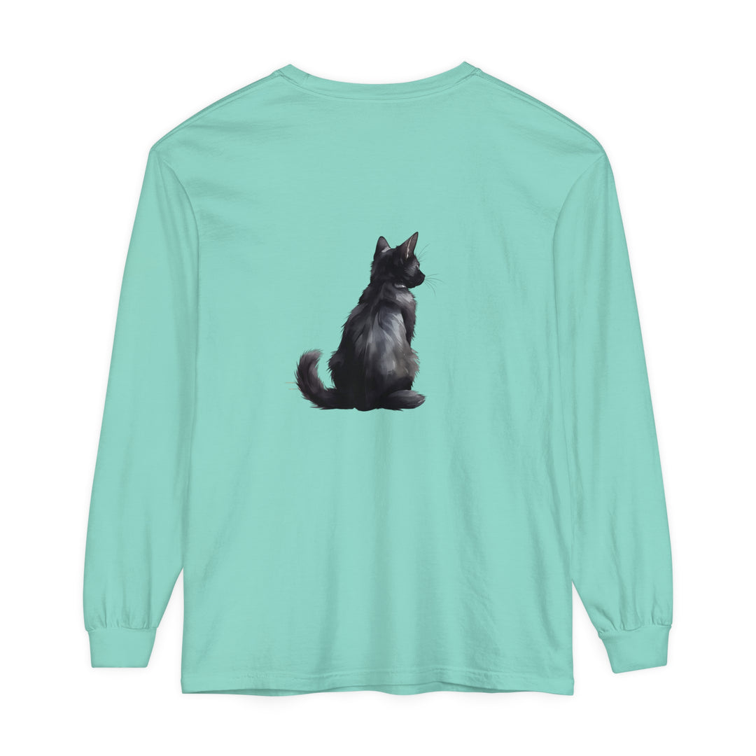 Black Cat Mystery unisex long sleeve tee in black with cat graphic and text