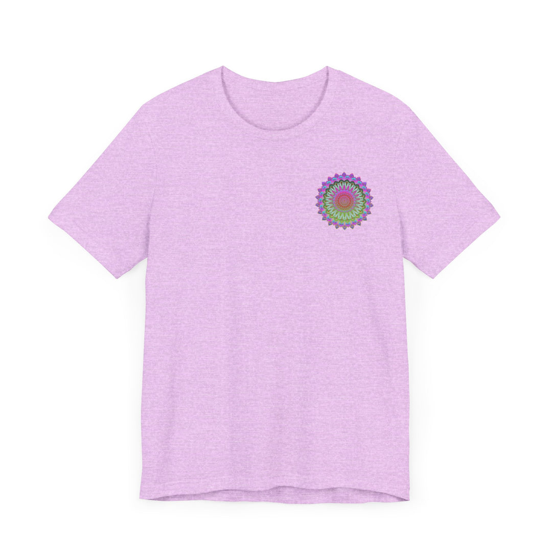 A colorful and intricate mandala design on a t-shirt representing spiritual peace and harmony