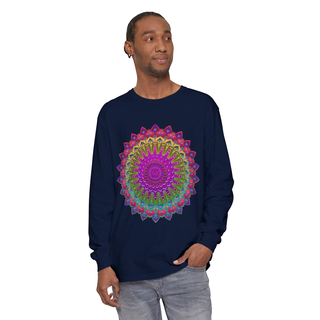 Person Posing in Vibrant Mandala Unisex Long Sleeve T-Shirt for Photoshoot