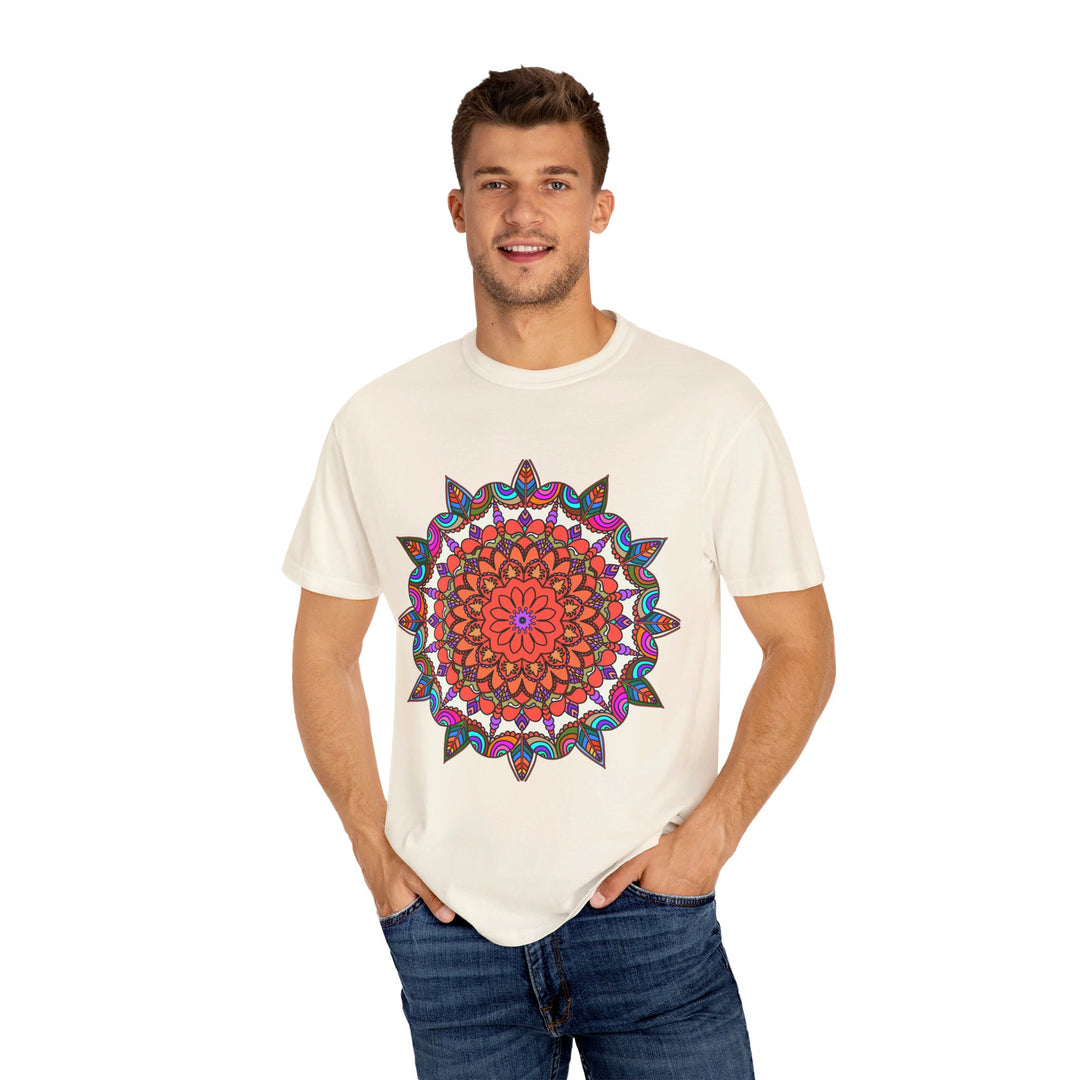 Unisex mandala t-shirt made from 100% ring-spun cotton, featuring hand-drawn mandala art and garment-dyed for extra comfort