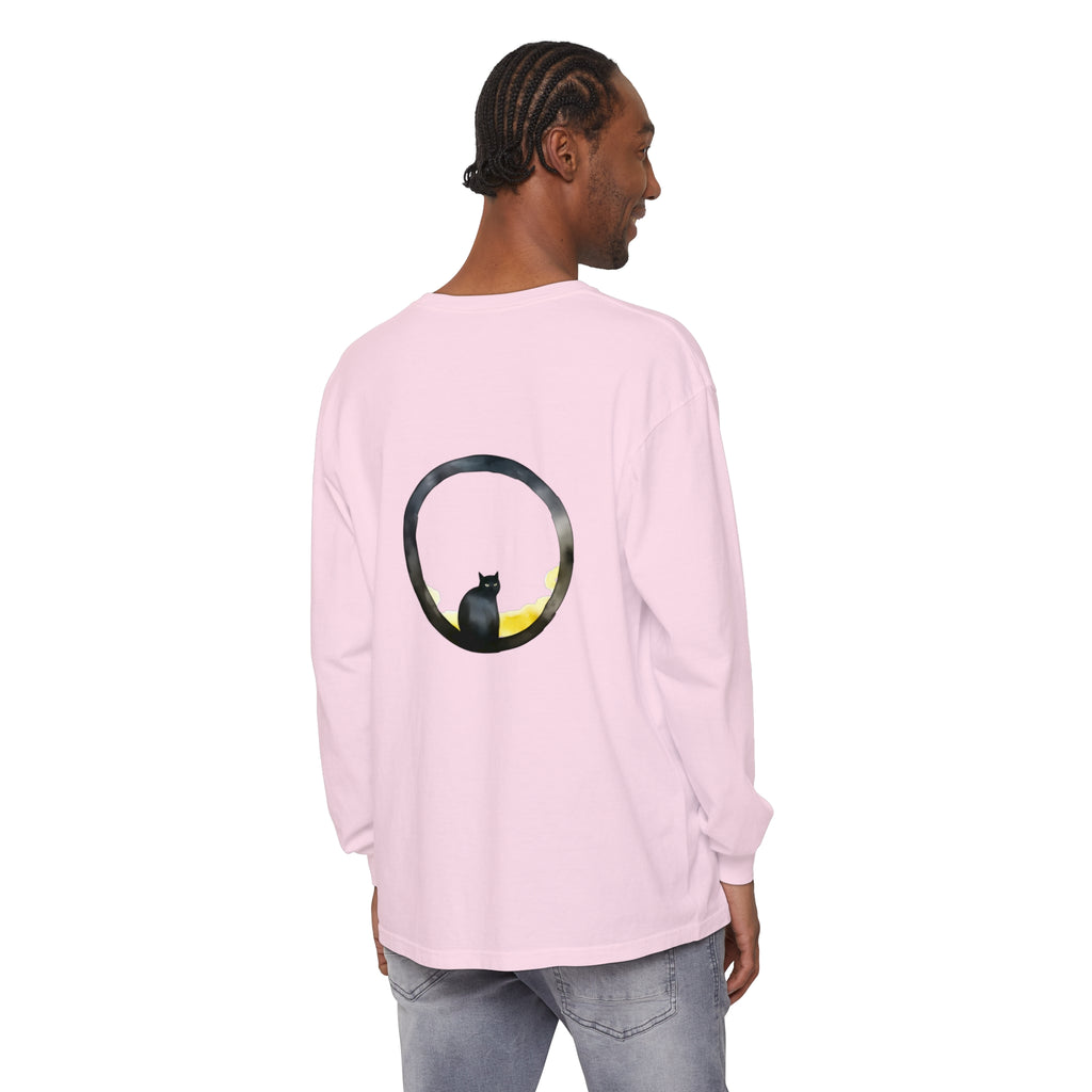 Black Cat Moon Glow Long Sleeve T-Shirt featuring a mystical feline silhouette against a stunning moonlit backdrop