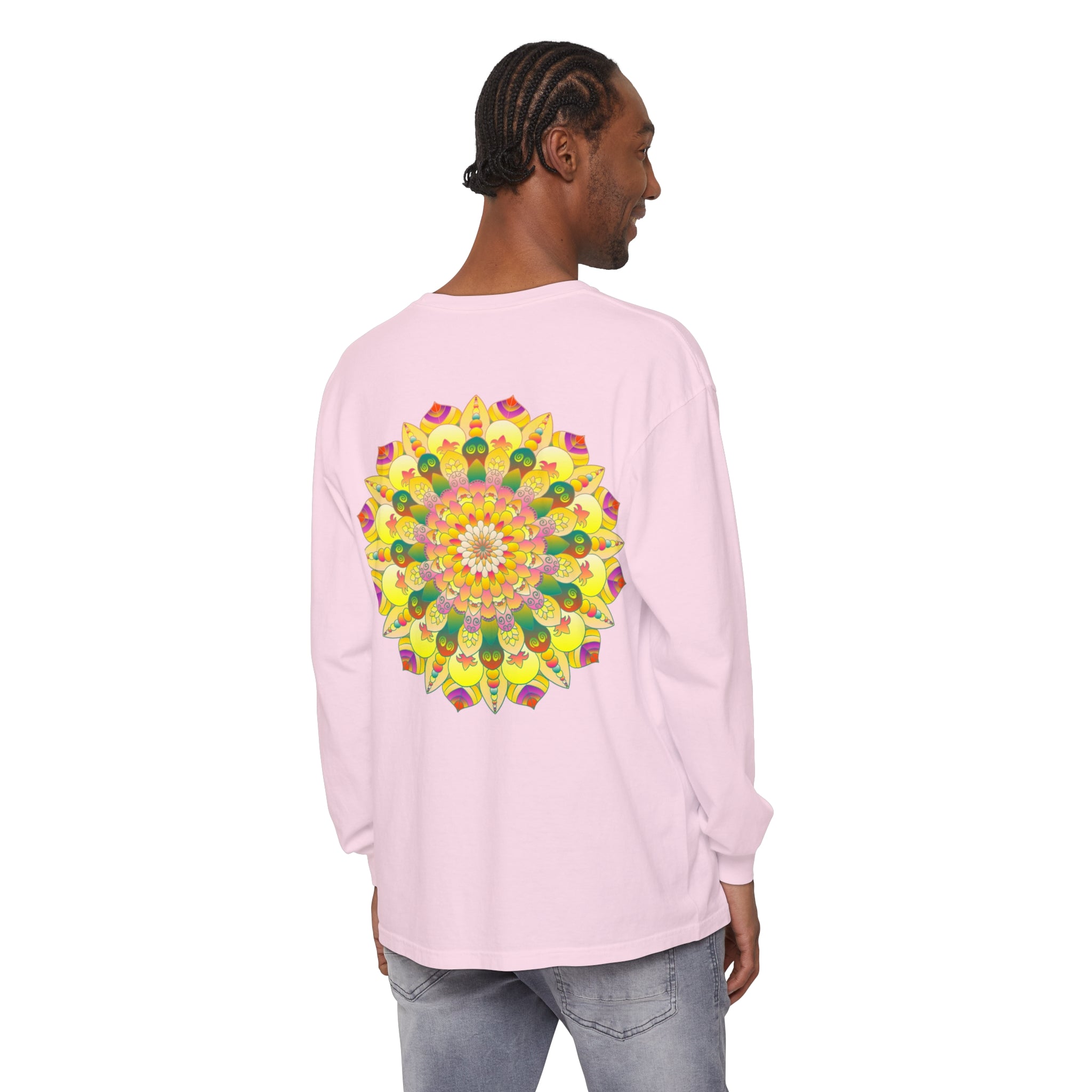 Colorful and intricate mandala design on a unisex long sleeve T-shirt