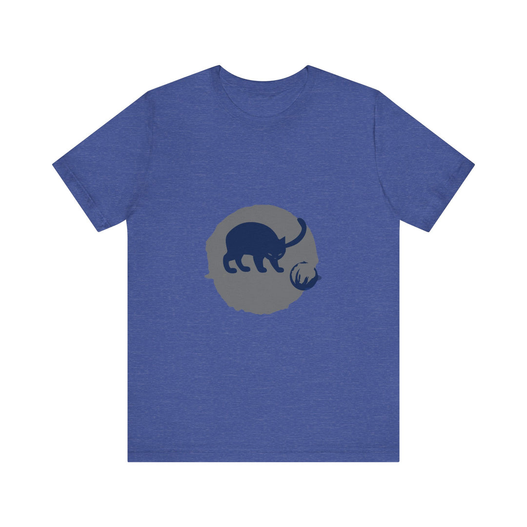 A black cat with glowing yellow eyes and a mischievous expression in a playful silhouette against a moonlit background, featured on a mystery-themed t-shirt