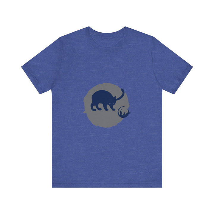 A black cat with glowing yellow eyes and a mischievous expression in a playful silhouette against a moonlit background, featured on a mystery-themed t-shirt