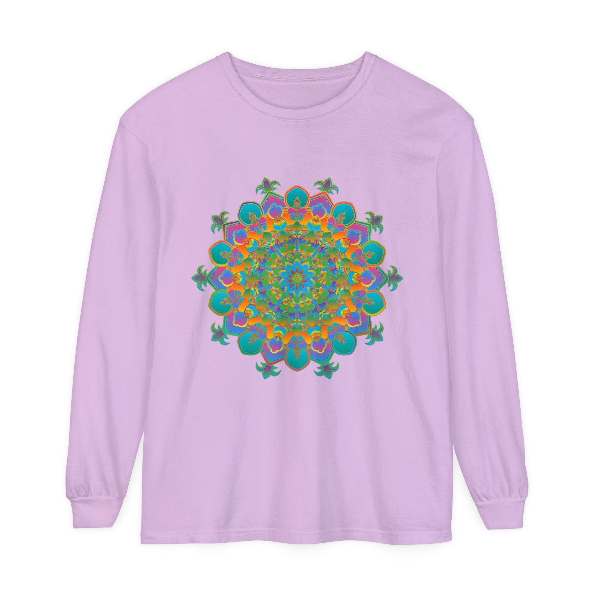 Unisex long sleeve t-shirt with vibrant mandala design in multiple colors