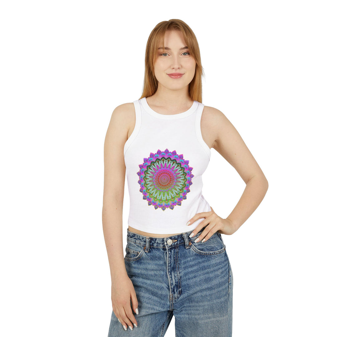 Colorful and detailed mandala racerback tank top with vibrant and eye-catching design