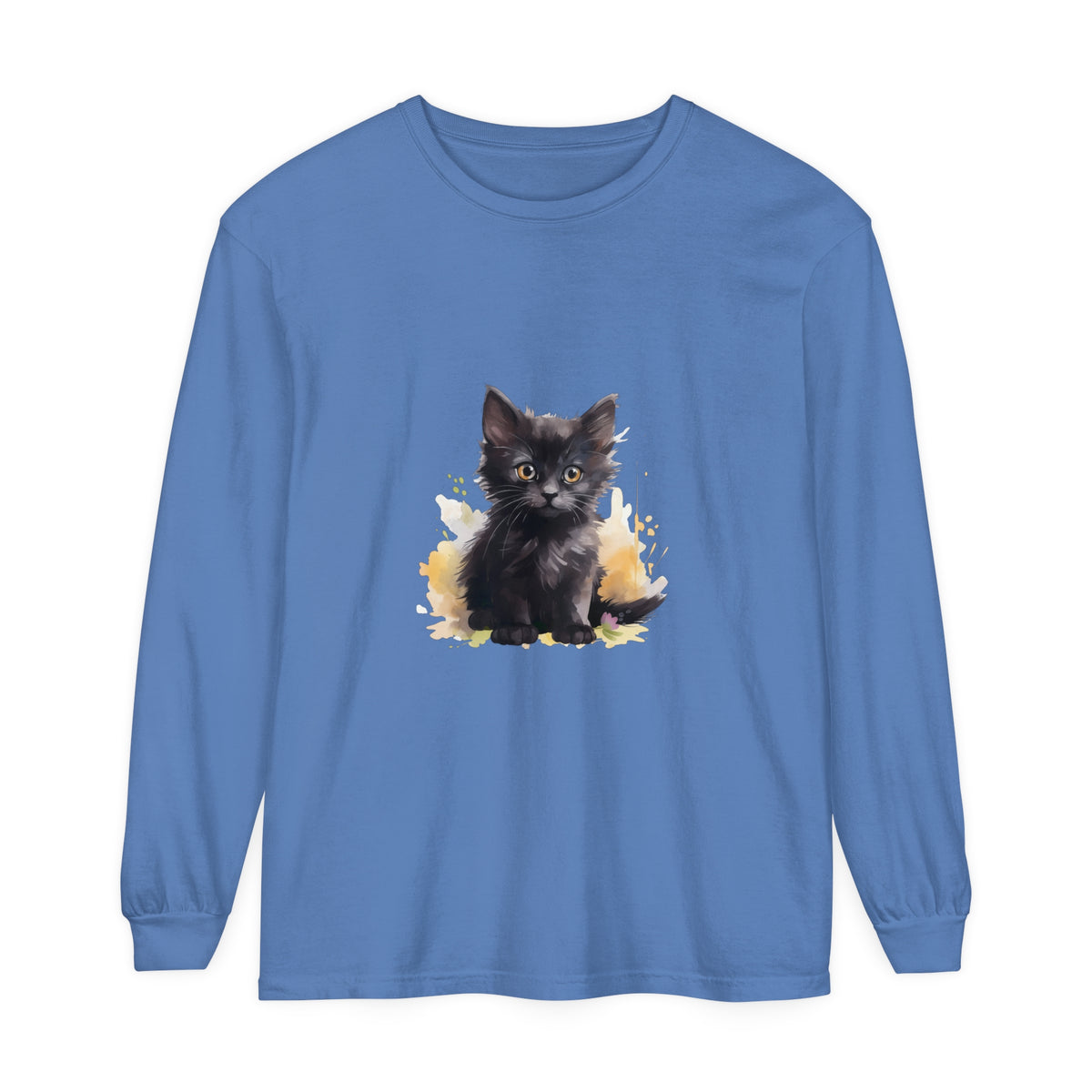 A fashionable black kitten watercolor splash t-shirt with a unique design
