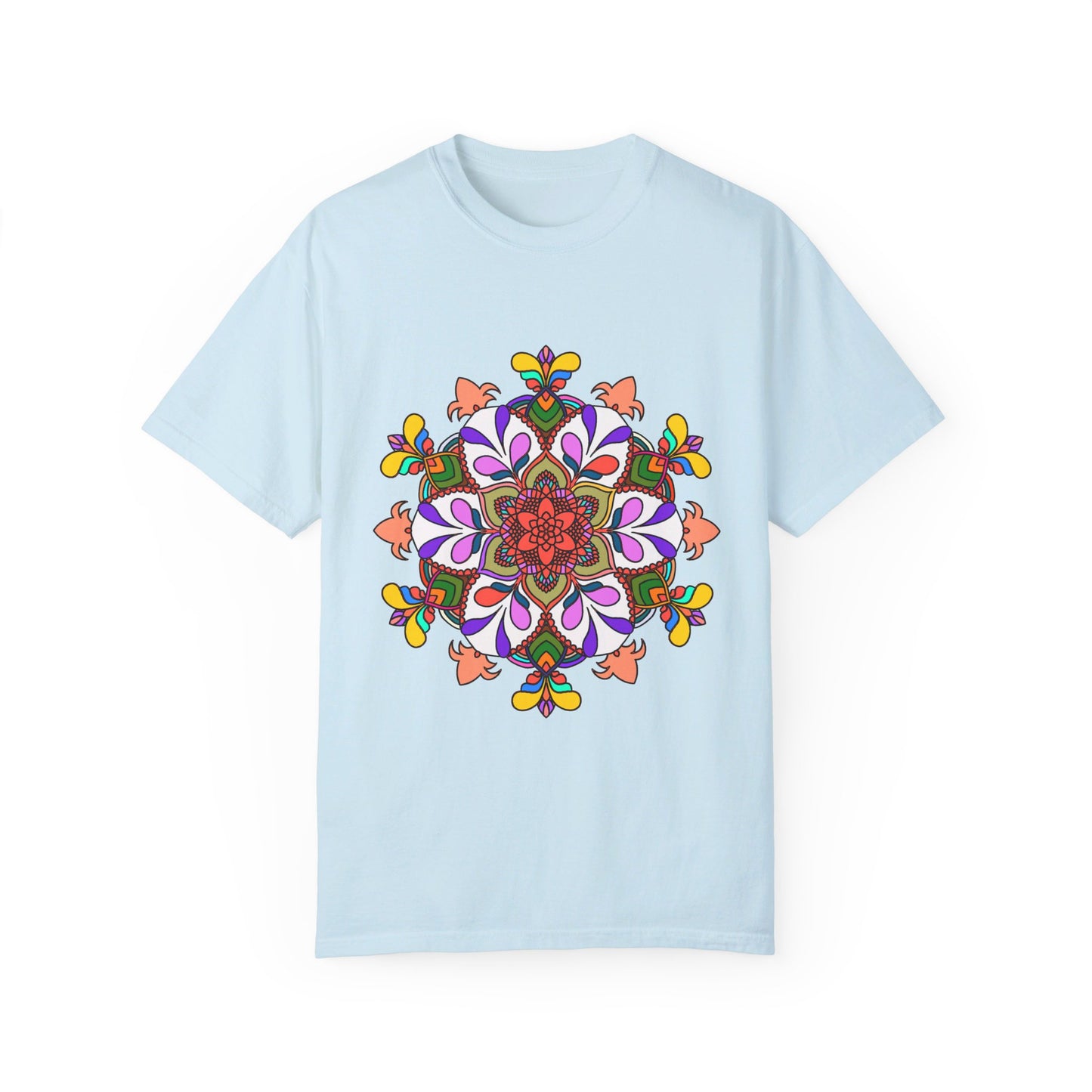 Unisex mandala t-shirt featuring hand-drawn mandala art on 100% ring-spun cotton material, garment-dyed for extra comfort