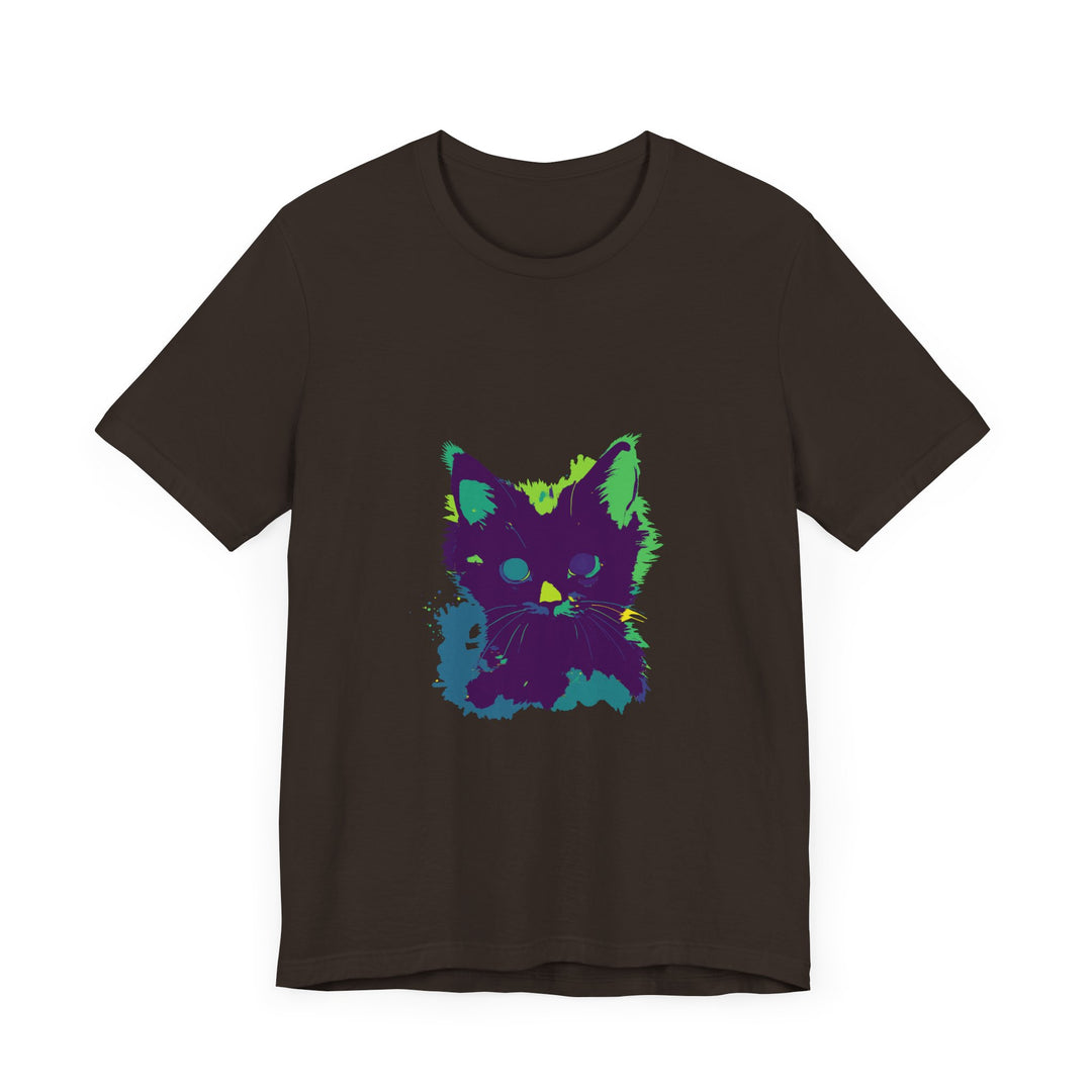 A black t-shirt featuring a mysterious neon-colored cat design