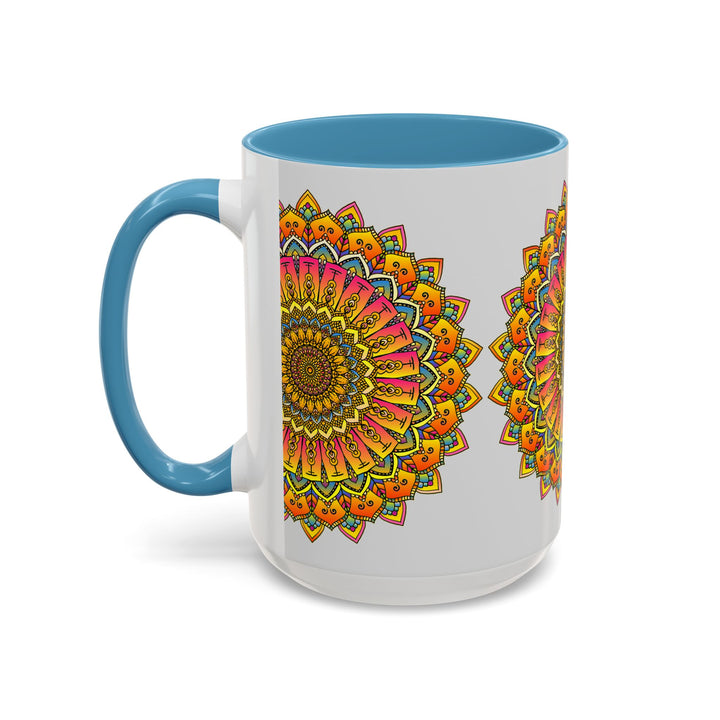 A vibrant and intricate mandala art mug featuring a colorful floral design