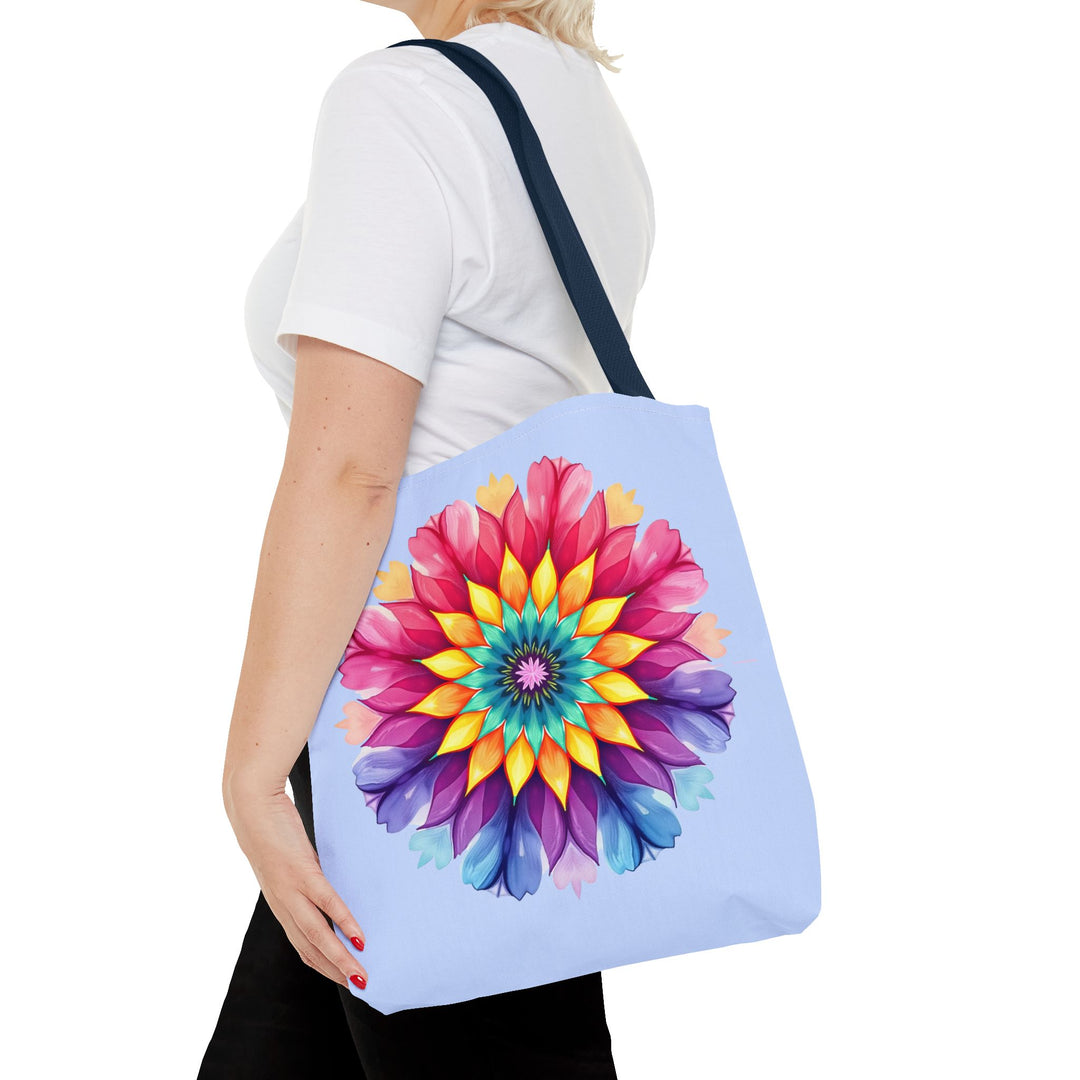 Colorful, handcrafted rainbow mandala tote bag made of durable canvas material