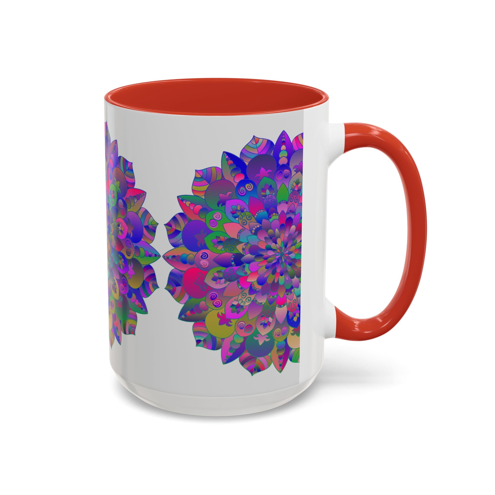 Colorful psychedelic mandala mug featuring intricate spiritual art designs