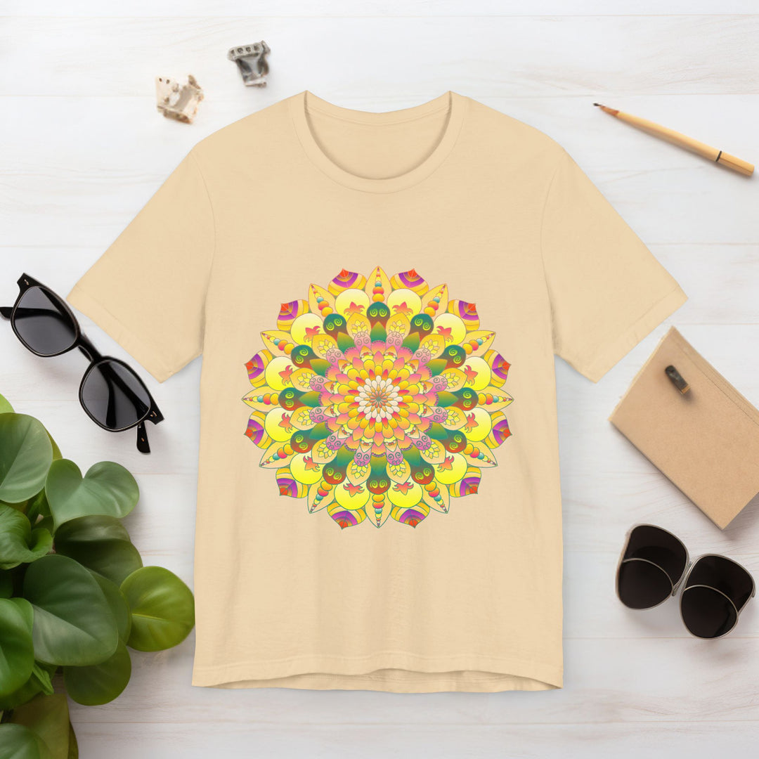 Vibrant mandala tee featuring intricate spiritual design symbolizing peace and harmony